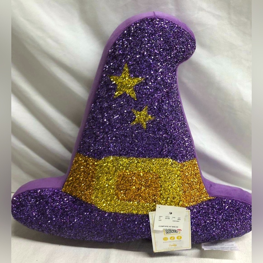 NWT Sparkles Home Luminous Rhinestone Purple Witch Hat Pillow Halloween Bling